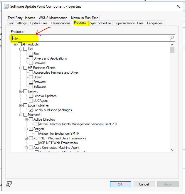 SCCM SUP Product List Filtering option with 2203 version 1.JPG