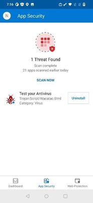 Screenshot showing a threat detection on the device