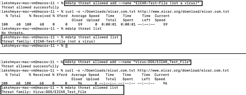 Screenshot of threat exclusion command changes