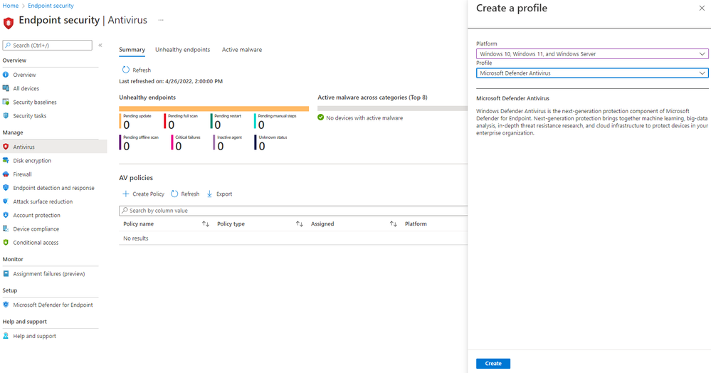 Easily create new endpoint security policies, like you do for physical devices, by choosing the Windows 10, Windows 11, and Windows Server platform when creating the profile.