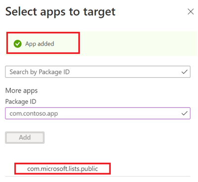 Screenshot of the "Select apps to target" window showing the "App added" success message and the package ID at the bottom of the window.