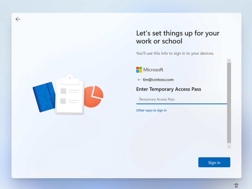 End user experience for Temporary Access Pass in Windows 11 onboarding.