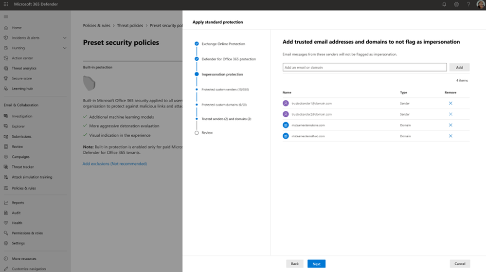 Figure 6. Impersonation protection - trusted senders and domains