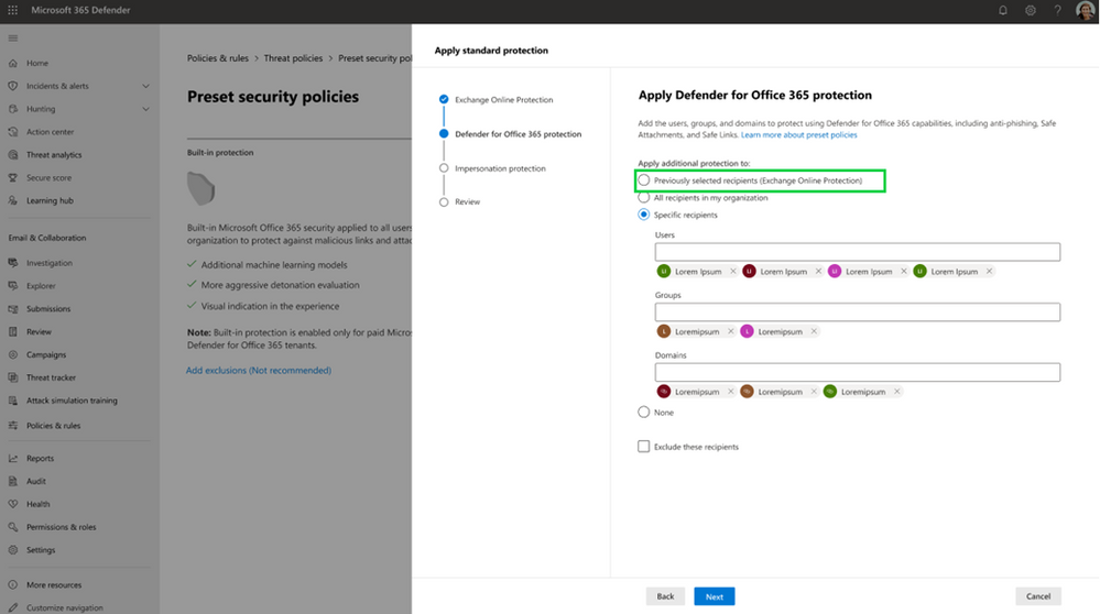 Figure 3. Defender for Office 365 (previously selected recipients/ all recipients)