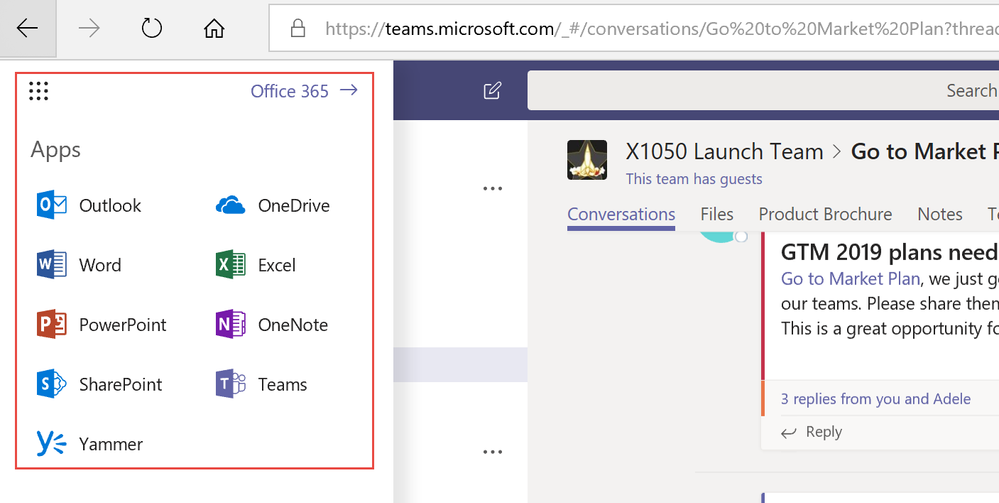 From the Teams web client, you can now get easy access to some of our core Office 365 apps