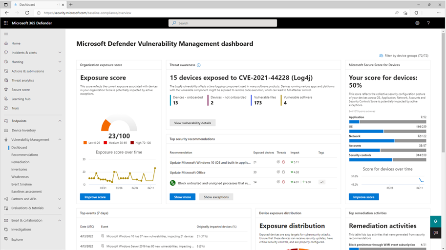 Figure 1: Manage vulnerabilities and misconfigurations with Microsoft Defender Vulnerability Management.