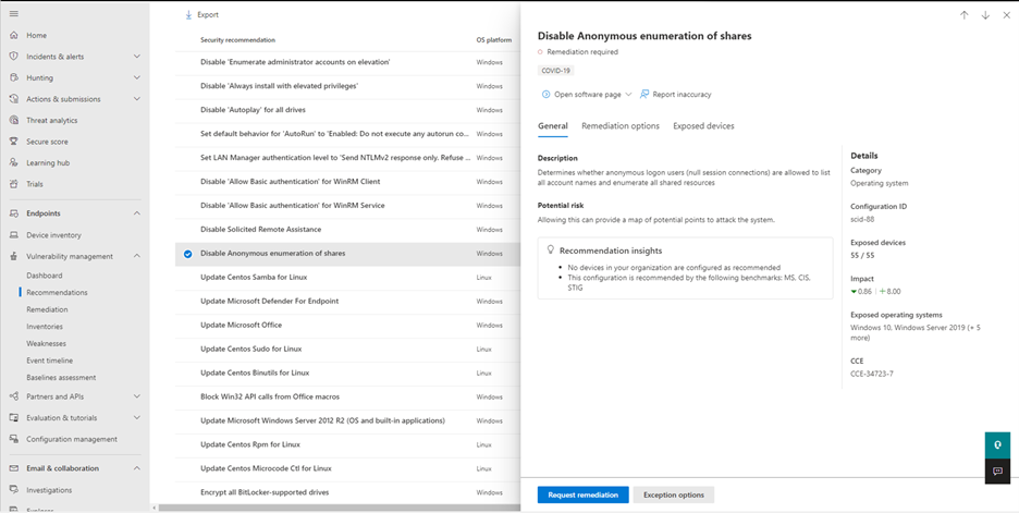 Figure 6: Get full visibility into excessive share permissions that allow write access to everyone. This view includes granular list views of the exposed devices and exposed shares across your environment, as well as descriptive remediation guidance.