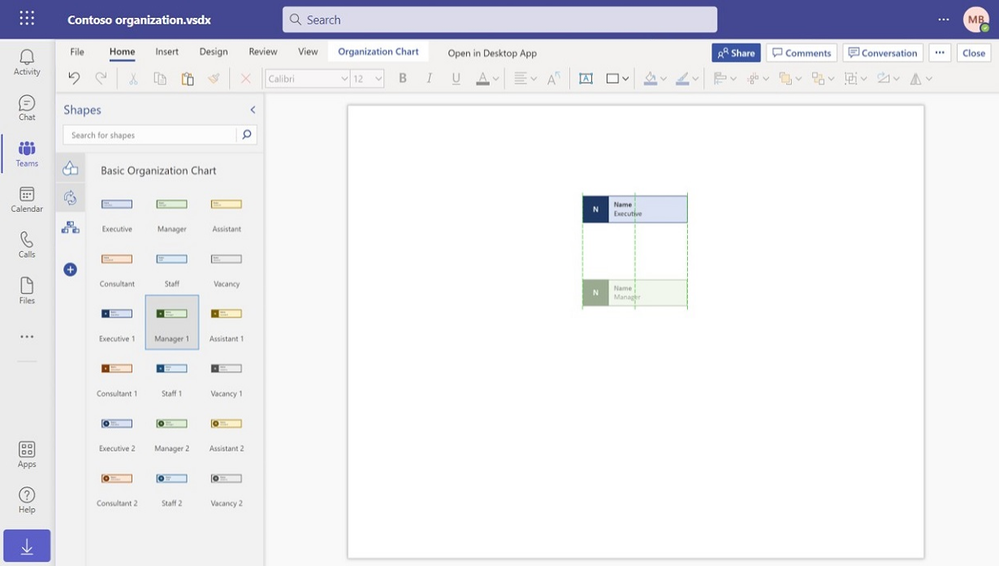 An image providing an example of a new organization chart being created in Microsoft Teams.