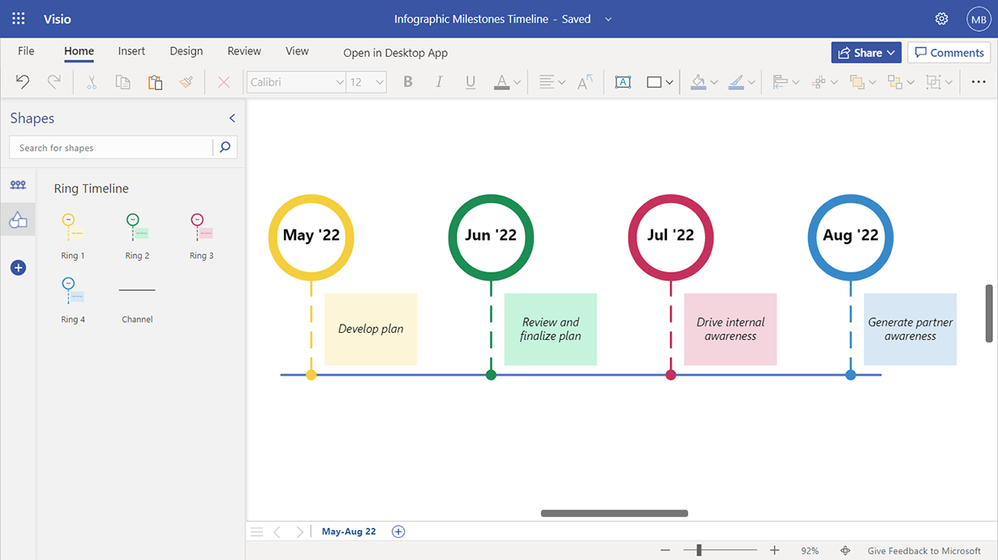 An image providing an example of the Milestones Timeline template in Visio for the web.