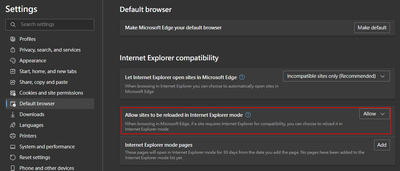 Change the setting to "Allow" enables the "Reload in Internet Explorer mode" menu item.