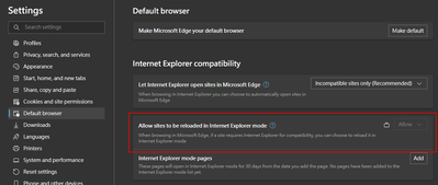 Setting enforced for "Allow unconfigured sites to be reloaded in Internet Explorer mode" policy.