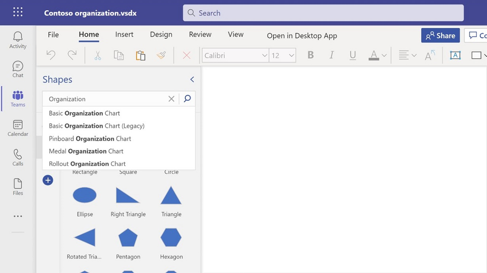 An image providing an example of a new Visio diagram being created in Microsoft Teams.