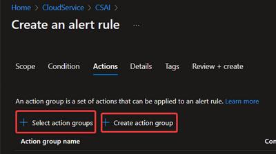 Actions page of Alert Rule
