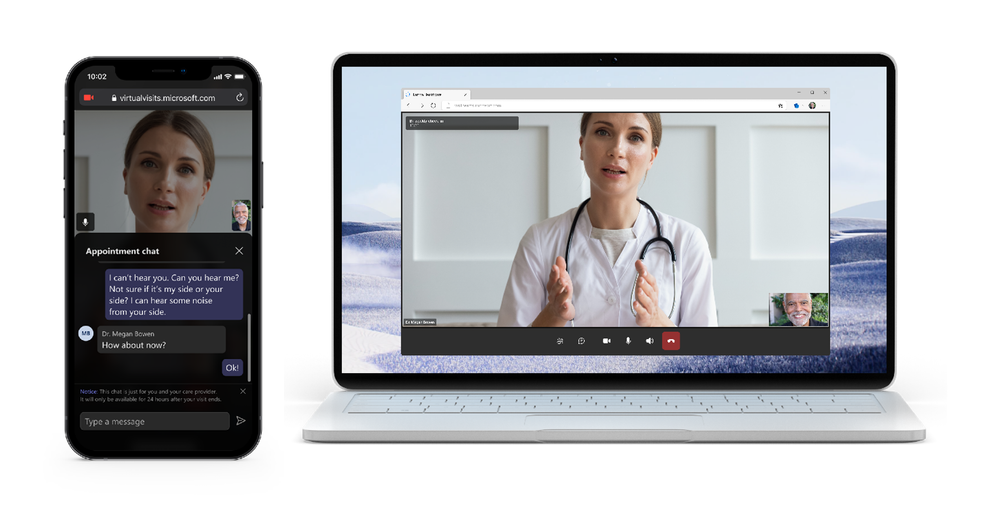 An image providing an example of virtual meetings in Microsoft Teams on a mobile device and desktop.