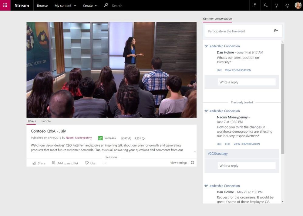 View a live event with inline Yammer conversations