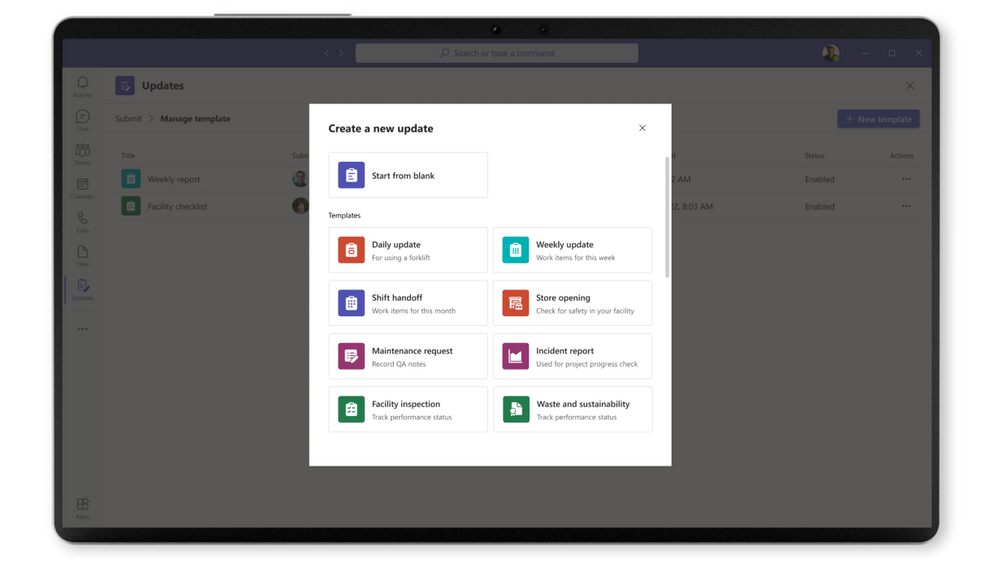 An image demonstrating a user creating a new update from scratch or from a list of available templates in the Updates app on a tablet.