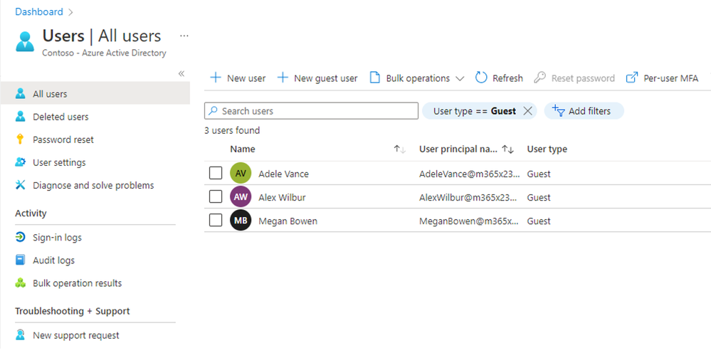 Figure 5: guest users in Azure Active Directory admin center