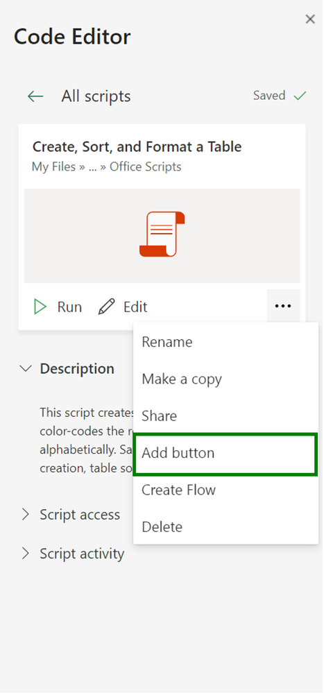 Adding Office Scripts run button