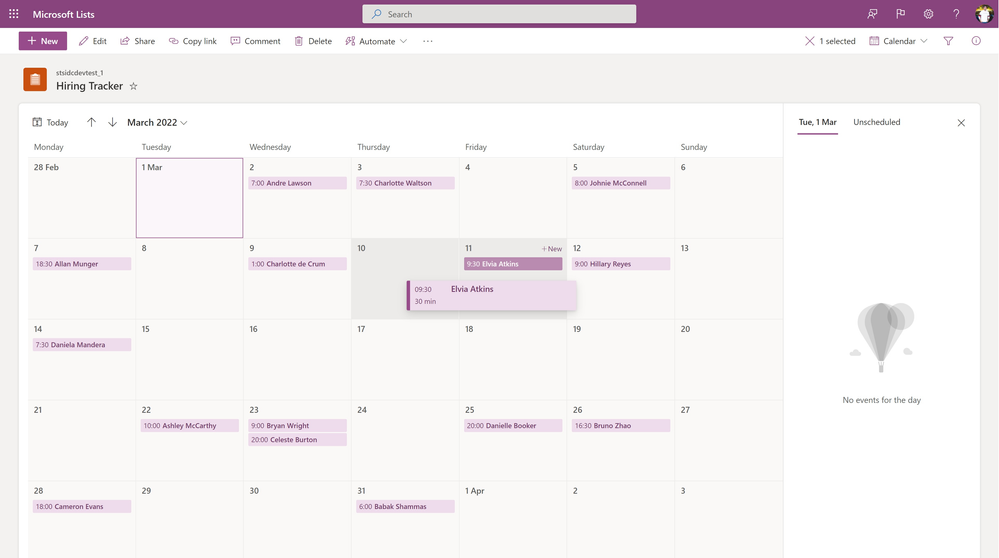 Easily drag and drop list items when in Calendar view. Moving items updates the Date column to the date you drag to.