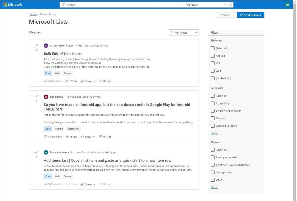 Submit your Microsoft Lists ideas and feedback to the Microsoft Feedback portal – easily search filter, upvote, comment, and add items and comments to support and shape the product direction.