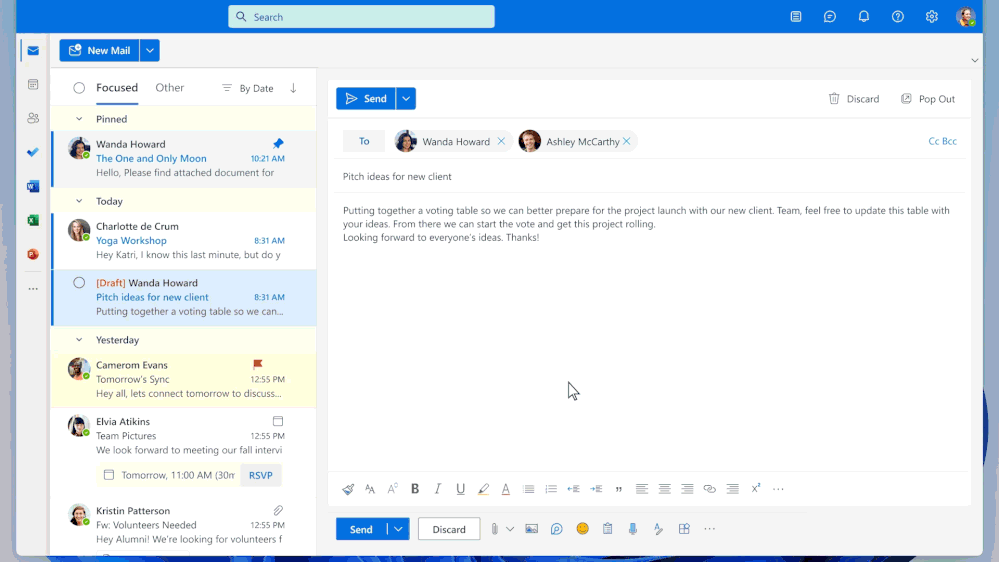 Loop components in Outlook mail - brainstorm, complete action items, and get the latest status from your team without having to switch context or apps, even across Outlook and Teams.
