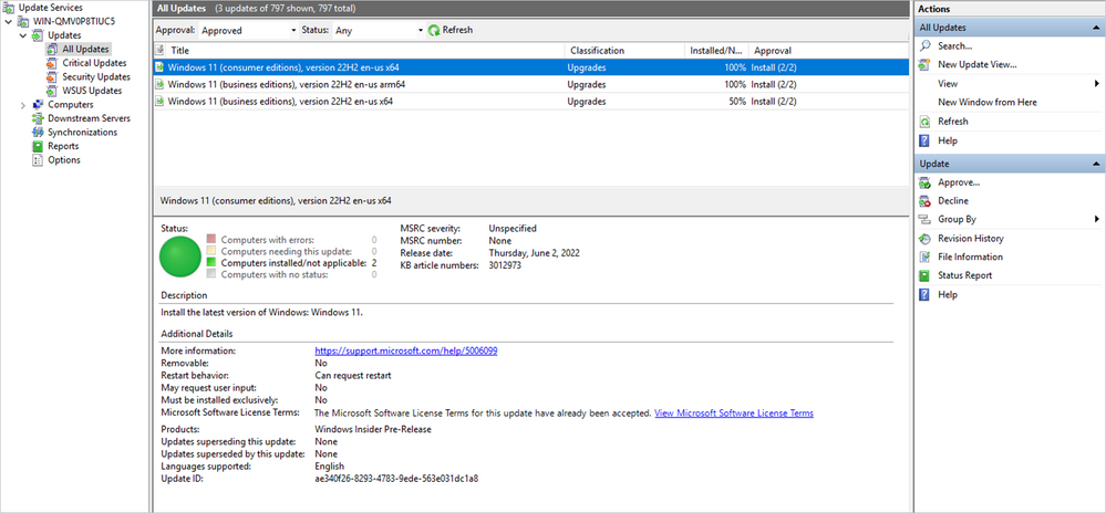 Screenshot showing how the Windows Insider Pre-release category appears in WSUS