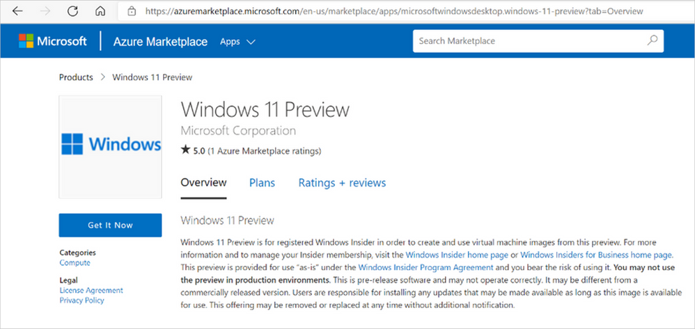 Screenshot showing how the Windows 11 Preview appears in Azure Marketplace