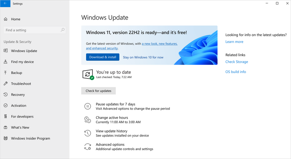 Screenshot of the Windows Update Settings page showing how the upgrade to Windows 11, version 22H2 is offered