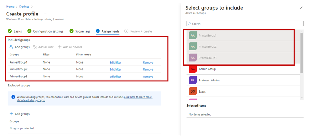 Screenshot showing that, once printers have been added, the Azure AD picker can be used to select the users to receive a profile. If the selected users do not have the printers’ shared access, the settings will not successfully apply.