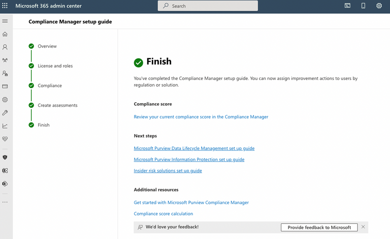 UI showing the Finished tab in the Compliance Manager setup guide