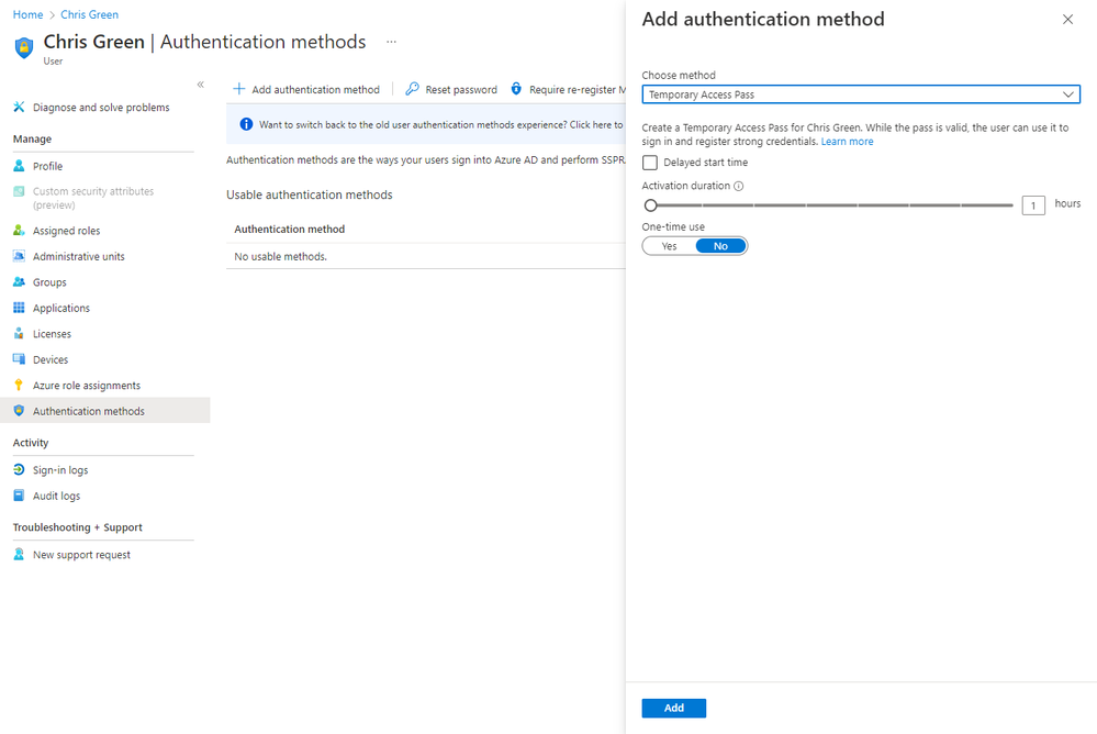 thumbnail image 3 captioned Creating a new Temporary Access Pass on a user from the Azure AD portal