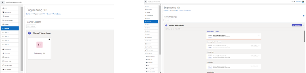 The Moodle Teams Classes LTI app (left) and the Moodle Teams Meeting LTI app (right)