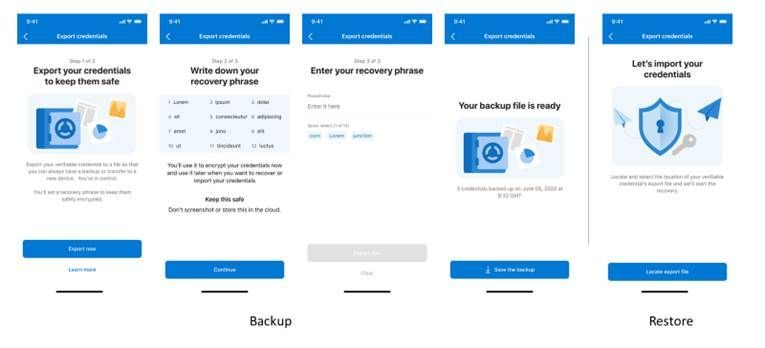 Figure 3. Set up credentials and securely recover them if your device is lost. This UI shows how that set up would work.