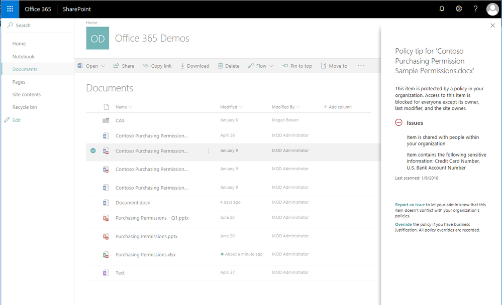 SharePoint list-view with Policy Information pane open shows DLP policy tip