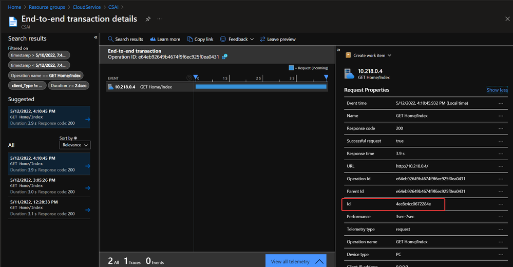 Application Insight Failed Request detail page