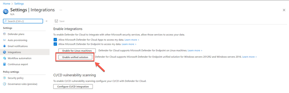 Enable MDE unified solution integration with Microsoft Defender for Cloud on an Azure subscription