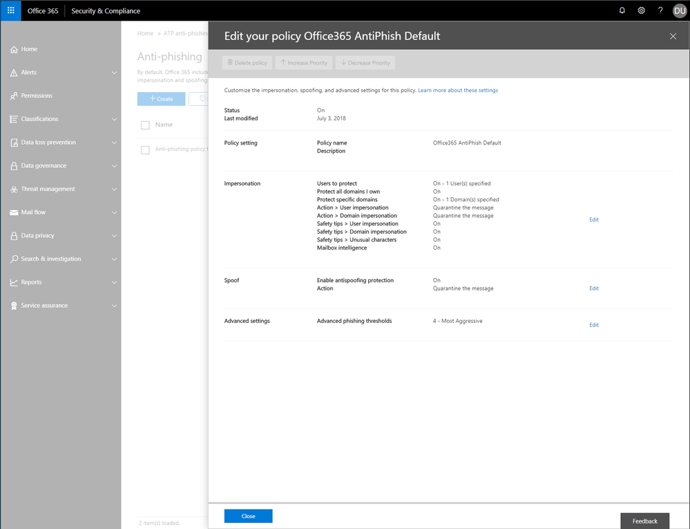 Figure 1 - ATP anti-phishing default policy settings