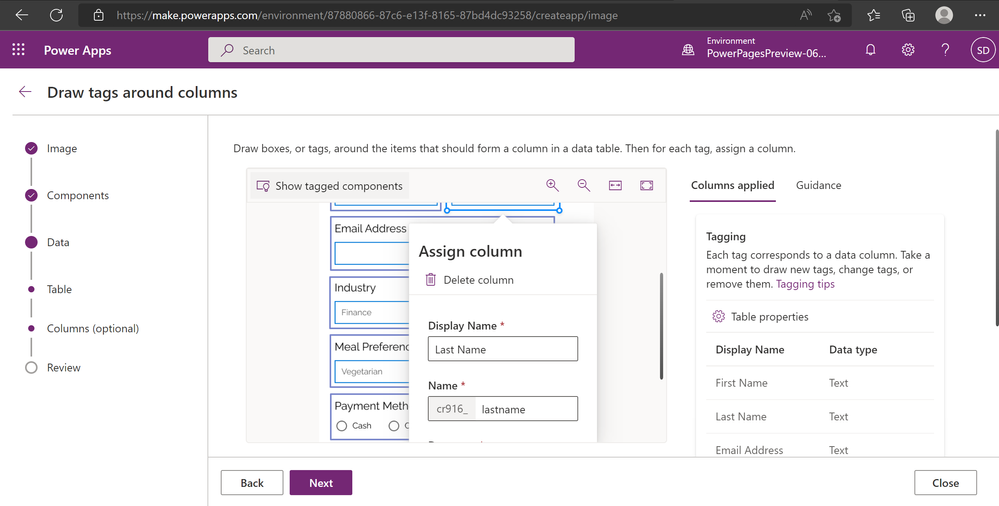 Picture showing Dataverse table column creation and tagging