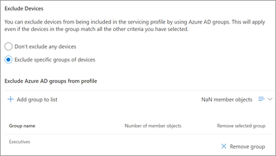 An image of the user interface providing an example of how to exclude an Executives group using the Exclude feature.