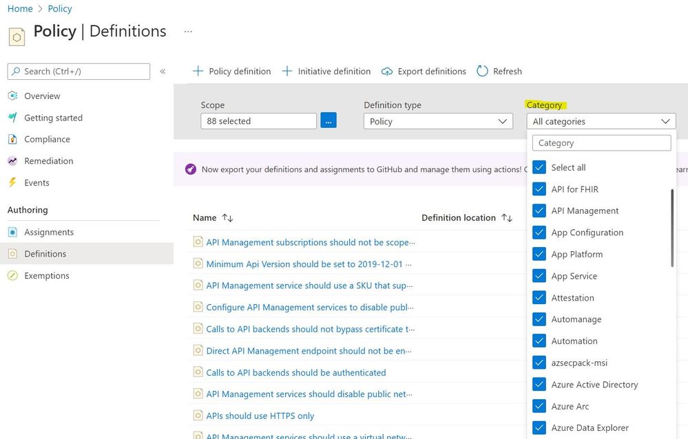 Azure Policy Definitions showing Category list