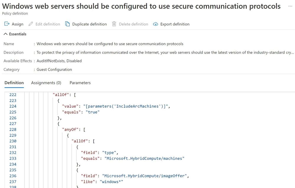 Windows web servers secure communication protocols policy definition JSON showing Microsoft.HybridCompute/machines resource type