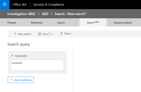 Create a new search within a case for specific queries and conditions