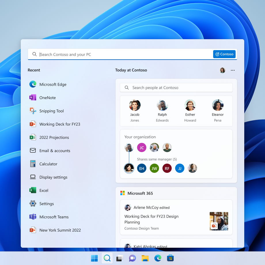 Search on the taskbar showing an updated experience for an organization, Contoso.