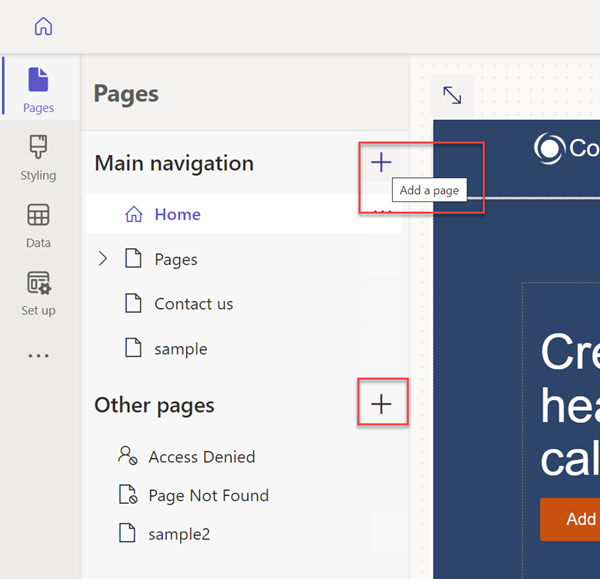 A picture showing how to add page navigation on a Power Page site