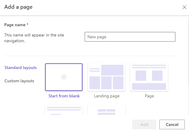 A picture showing how to add a page to a site in Power Pages