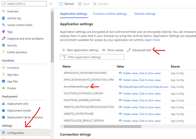 Azure screenshot showing the Configuration view for the App Service