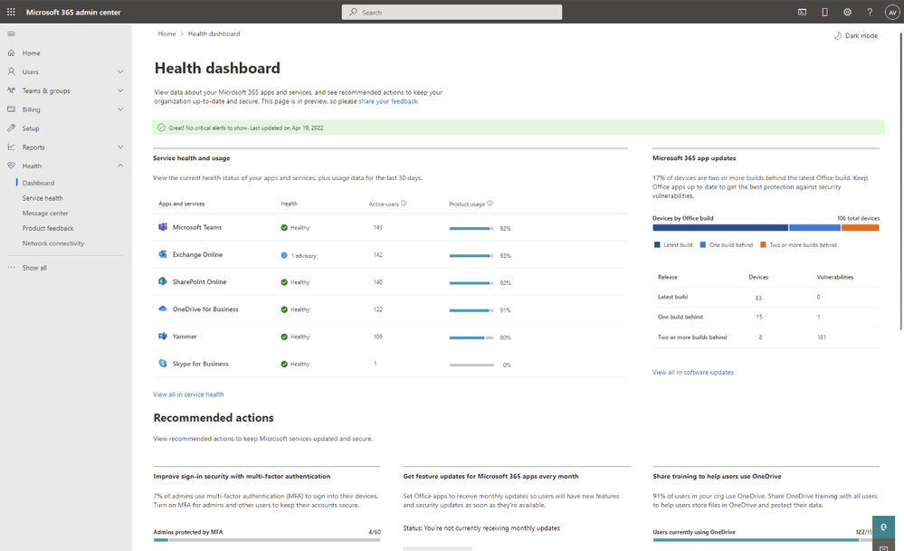 thumbnail image 1 captioned An image providing a complete view of the Health dashboard page in the Microsoft 365 admin center.