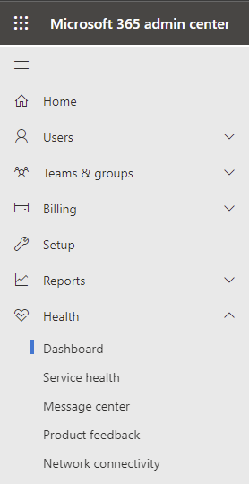 An image demonstrating the new Dashboard menu option in the left navigation menu on the Health dashboard page in the Microsoft 365 admin center.