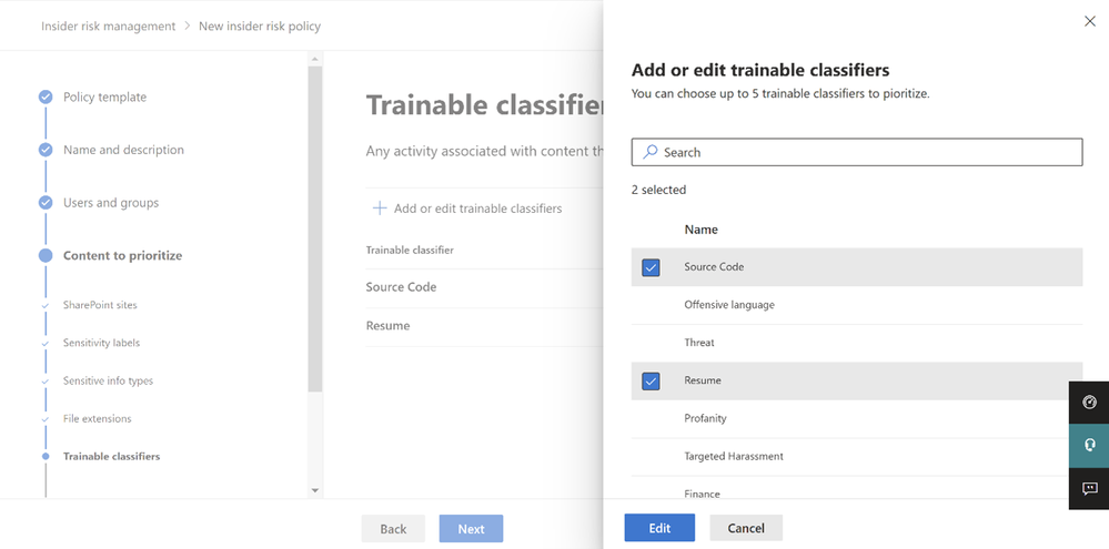 Adding or editing trainable classifiers within a policy
