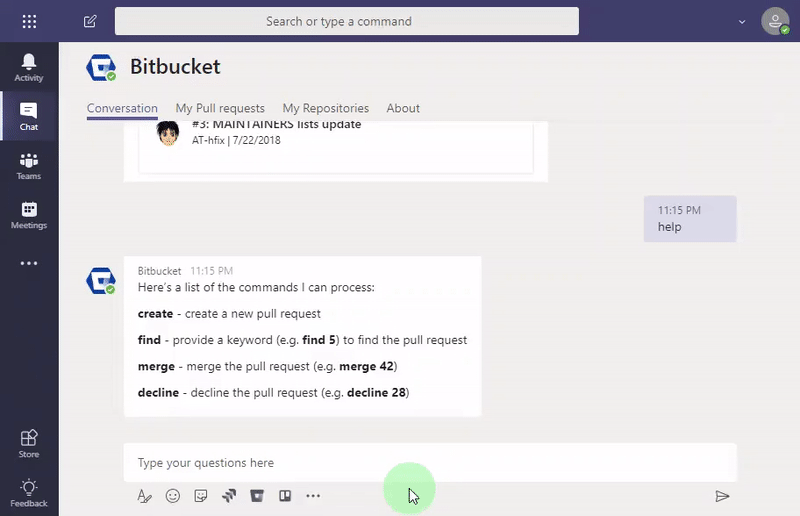 Start a conversation with the Bitbucket bot to collaborate on code.